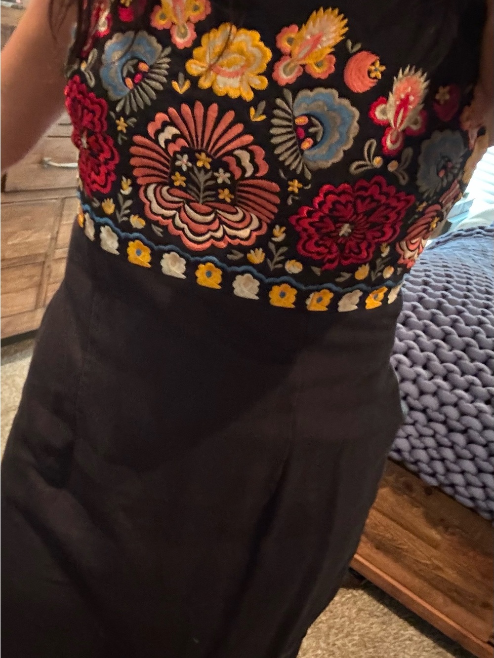 Andrea Jovine Black Midi Dress with Multicolor Floral Embroidery